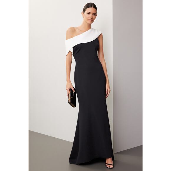 Badgley Mischka Black White Two-Tone Off Shoulder Trumpet Gown Size 4 - Picture 1 of 15